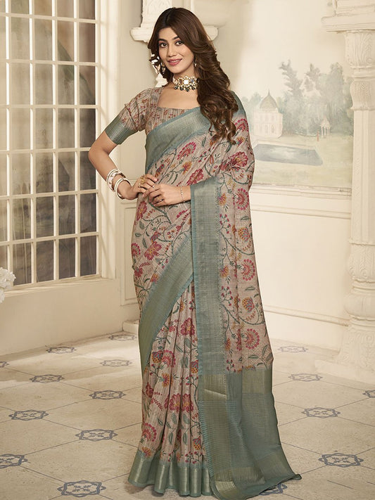 Beige And Grey Ethnic Motifs Sequinned Saree