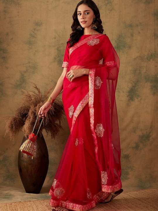 Ethnic Motifs Embroidered Net Saree