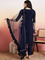 Navy Blue Ethnic Motifs Yoke Design Chanderi Cotton Kurta With Trousers & Dupatta