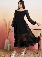Black Self-Designed Dobby Woven Fit and Flare Ethnic Dress