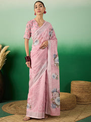 Pink Floral Printed Saree With Blouse Piece