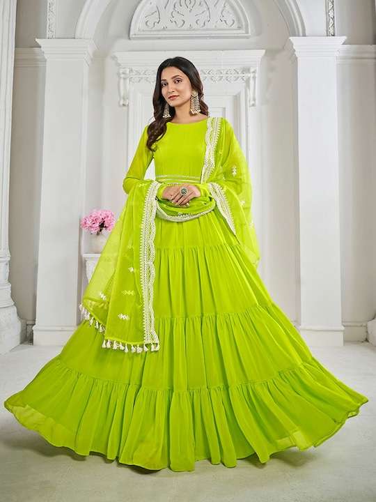 Green Gotta Patti Belted Georgette Fit & Flare Ethnic Dress & Dupatta M-38 Green Gotta Patti Belted Georgette Fit & Flare Ethnic Dress & Dupatta M-38