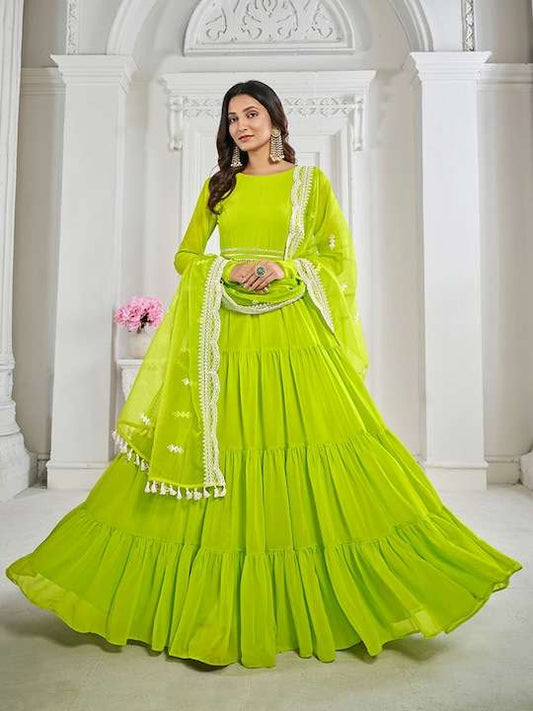 Green Gotta Patti Belted Georgette Fit & Flare Ethnic Dress & Dupatta