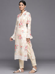 Women Yellow Floral Printed Regular Chikankari Kurta with Trousers