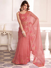 Pink Embellished Sequinned Organza Saree