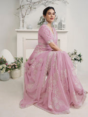 Amyra Dastur Pink Floral Embroidered Organza Saree