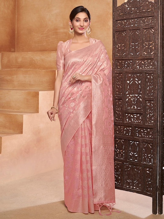 Pink Floral Woven Design Zari Saree