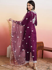 Maroon Floral Embroidered Straight Thread Work Kurta With Trousers & Dupatta
