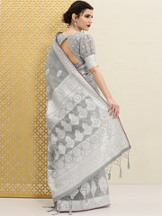 Grey & Silver Paisley Woven Design Rozana Saree