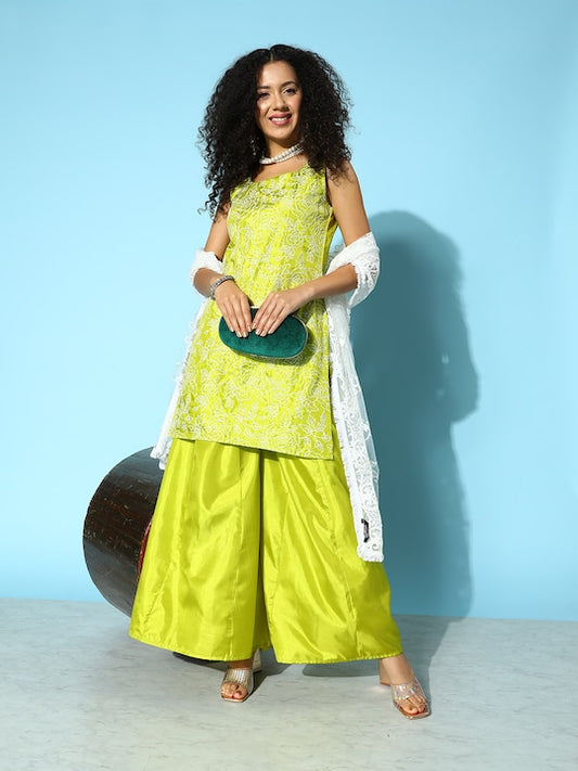 Women Embroidered Kurta with Palazzos & Dupatta