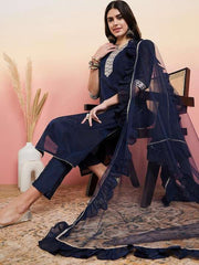 Navy Blue Ethnic Motifs Yoke Design Chanderi Cotton Kurta With Trousers & Dupatta