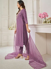 Women Mauve Ethnic Motifs Embroidered Regular Sequinned Chanderi Cotton Kurta with Trousers & With Dupatta
