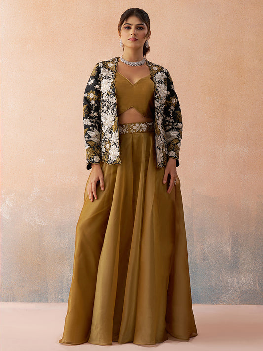 Golden Mustard Tissue Floral Embroidered Crop Top with Jacket and Palazzo Set