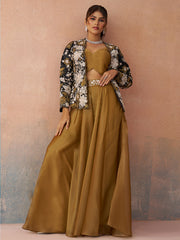 Golden Mustard Tissue Floral Embroidered Crop Top with Jacket and Palazzo Set