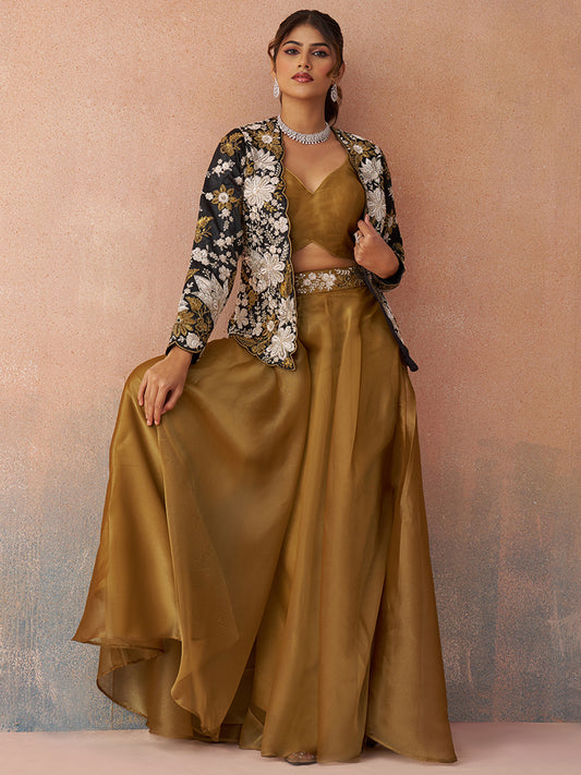 Golden Mustard Tissue Floral Embroidered Crop Top with Jacket and Palazzo Set