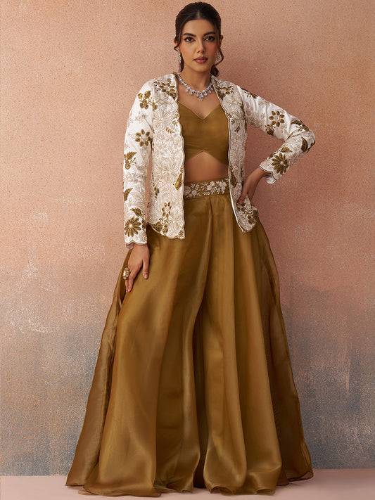 Golden Mustard Tissue Floral Embroidered Crop Top with Jacket and Palazzo Set