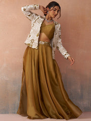 Golden Mustard Tissue Floral Embroidered Crop Top with Jacket and Palazzo Set