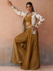 Golden Mustard Tissue Floral Embroidered Crop Top with Jacket and Palazzo Set