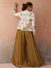 Golden Mustard Tissue Floral Embroidered Crop Top with Jacket and Palazzo Set