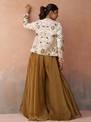 Golden Mustard Tissue Floral Embroidered Crop Top with Jacket and Palazzo Set