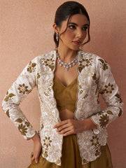 Golden Mustard Tissue Floral Embroidered Crop Top with Jacket and Palazzo Set