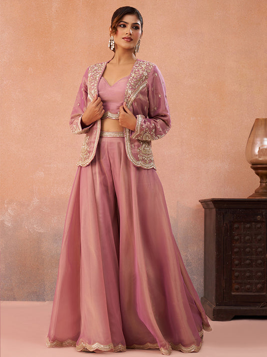 Pink Tissue Floral Embroidered Crop Top with Jacket and Flared Palazzo Set