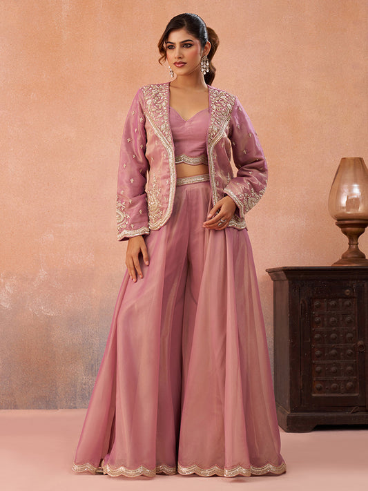 Pink Tissue Floral Embroidered Crop Top with Jacket and Flared Palazzo Set