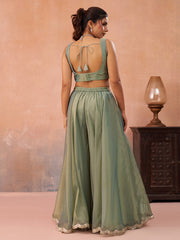 Sage Green Tissue Floral Embroidered Crop Top with Jacket and Flared Palazzo Set