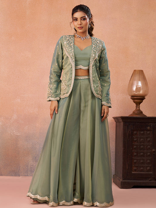 Sage Green Tissue Floral Embroidered Crop Top with Jacket and Flared Palazzo Set