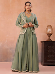 Sage Green Tissue Floral Embroidered Crop Top with Jacket and Flared Palazzo Set