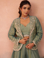 Sage Green Tissue Floral Embroidered Crop Top with Jacket and Flared Palazzo Set