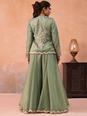 Sage Green Tissue Floral Embroidered Crop Top with Jacket and Flared Palazzo Set