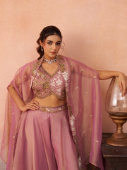 Pink Tissue Beads Embroidered Crop Top with Flared Cape and Flared Palazzo Set