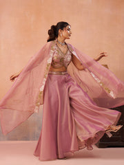Pink Tissue Beads Embroidered Crop Top with Flared Cape and Flared Palazzo Set