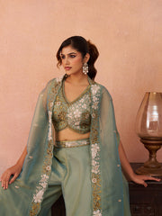 Sage Green Tissue Beads Embroidered Crop Top with Flared Cape and Flared Palazzo Set