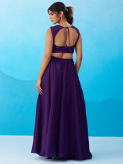 Royal Purple Crepe Beads Embroidered Crop Top with Flared Cape and Flared Palazzo Set
