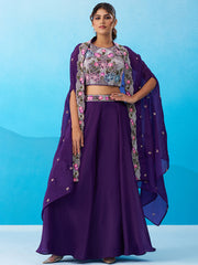 Royal Purple Crepe Beads Embroidered Crop Top with Flared Cape and Flared Palazzo Set