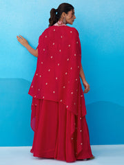 Pink Crepe Beads Embroidered Crop Top with Flared Cape and Flared Palazzo Set