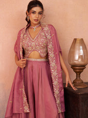 Pink Crepe Beads Embroidered Crop Top with Flared Cape and Flared Palazzo Set