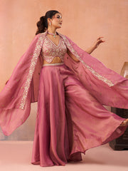 Pink Crepe Beads Embroidered Crop Top with Flared Cape and Flared Palazzo Set