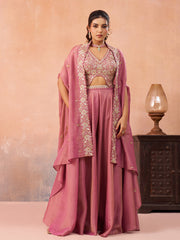 Pink Crepe Beads Embroidered Crop Top with Flared Cape and Flared Palazzo Set