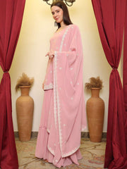 Pink Sequence Embroidered Kurta With Sharara & Dupatta