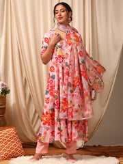 Pink Women Floral Printed Empire Gotta Patti Kurta with Trousers & With Dupatta