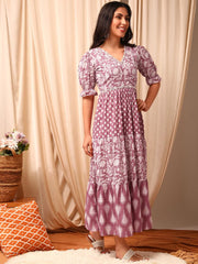Pink and white Floral Printed Tiered Ethnic Dress