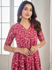 Peach Floral Embroidered Pleated Thread Work Kurta With Sharara