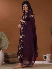 Mauve Floral Thread Embroidered Straight Kurta With Trouser & Dupatta