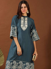 Blue Floral Yoke Design Empire Thread Work Kurta With Palazzo