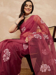 Pink Floral Embroidered Organza Saree