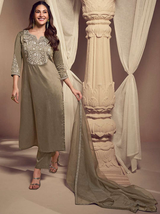 Amyra Dastur Beige Floral Yoke Design Thread Work Pure Silk Straight Kurta with Trousers & Dupatta