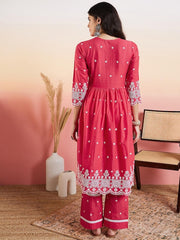 Pink & White Floral Embroidered Flared V-Neck Kurta & Palazzo